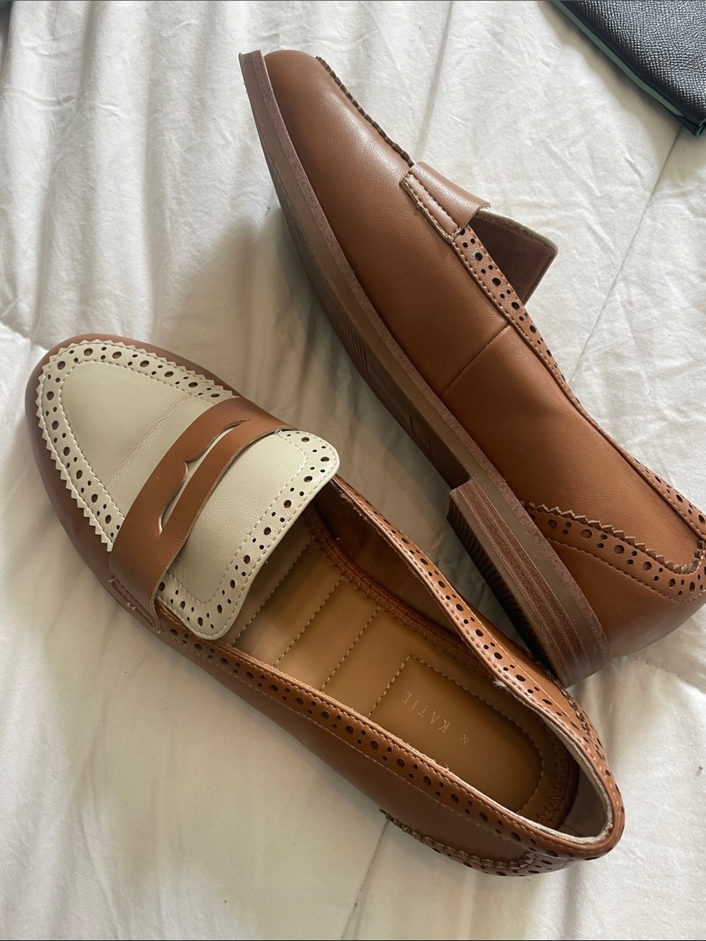 Kelly & Katie Two-Tone Penny Loafers in Brown and Cream